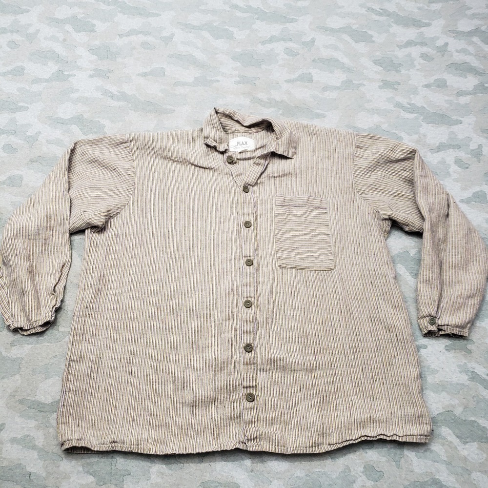 Flax Shirt Mens Medium Purple Linen Long Sleeve Button-Up Striped